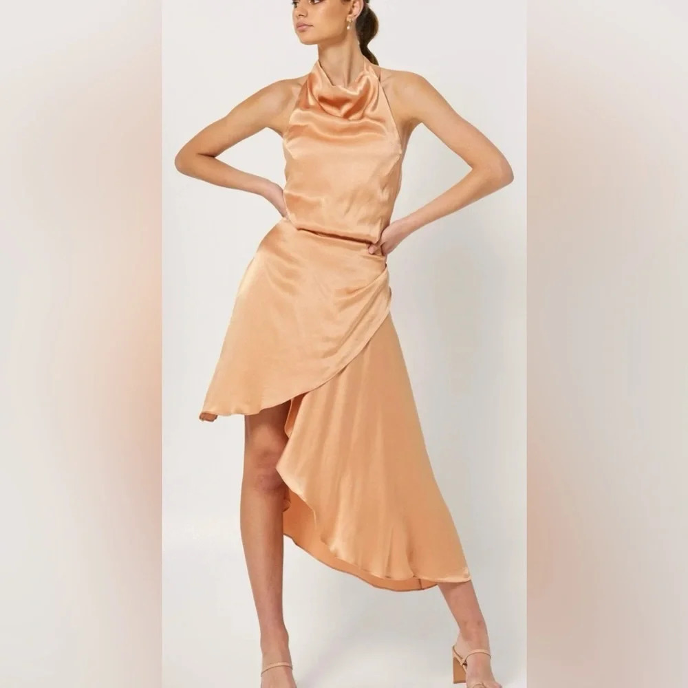 Elliatt Peach Satin Asymmetrical Halter Dress